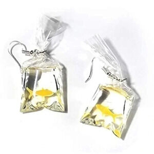 3 for $25/ Whimsical Unusual Yellow Fish Goldfish in “Water” Bag Earrings NWT